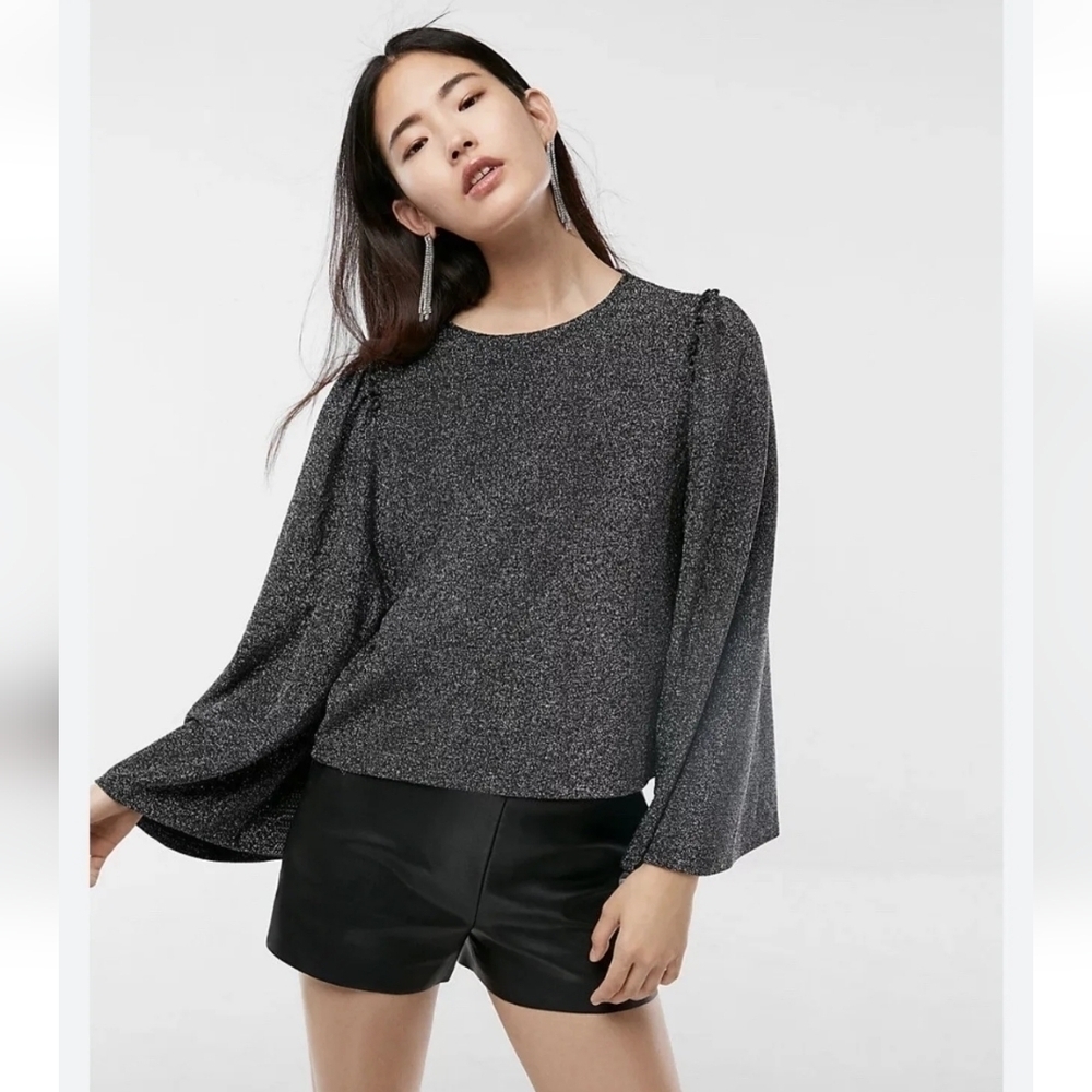 Express Black Metalic Bell Sleeved Oversized Blouse Top. Sz XS